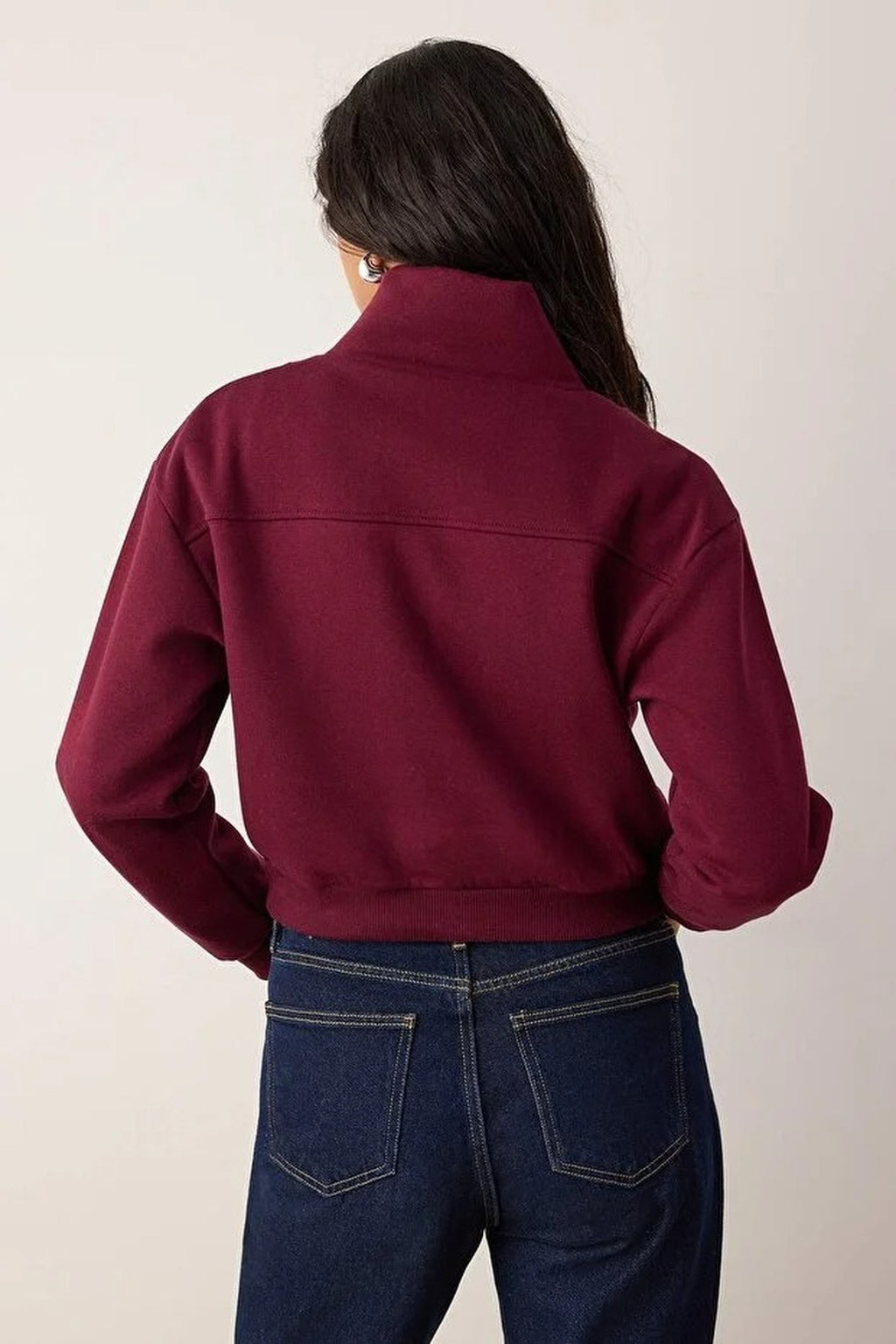 Stand Collar Half Zipper Crop Knit Sweatshirt with Thick Fleece Inside