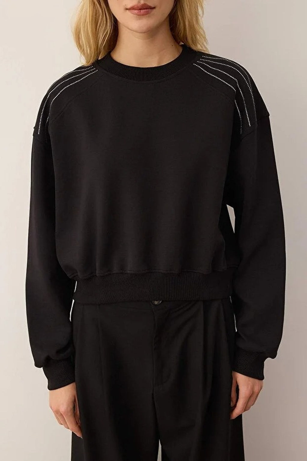Crew Neck Knit Sweatshirt with Stone Accessories Detail