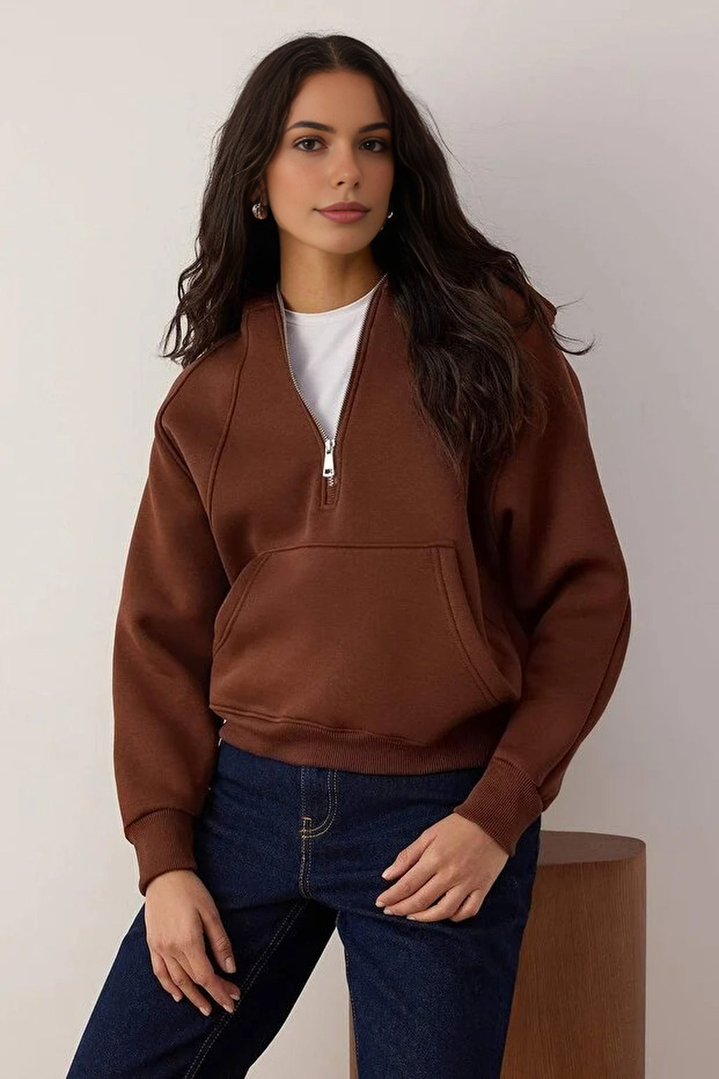Half Zippered Oversize Knit Sweatshirt with Stitching Details