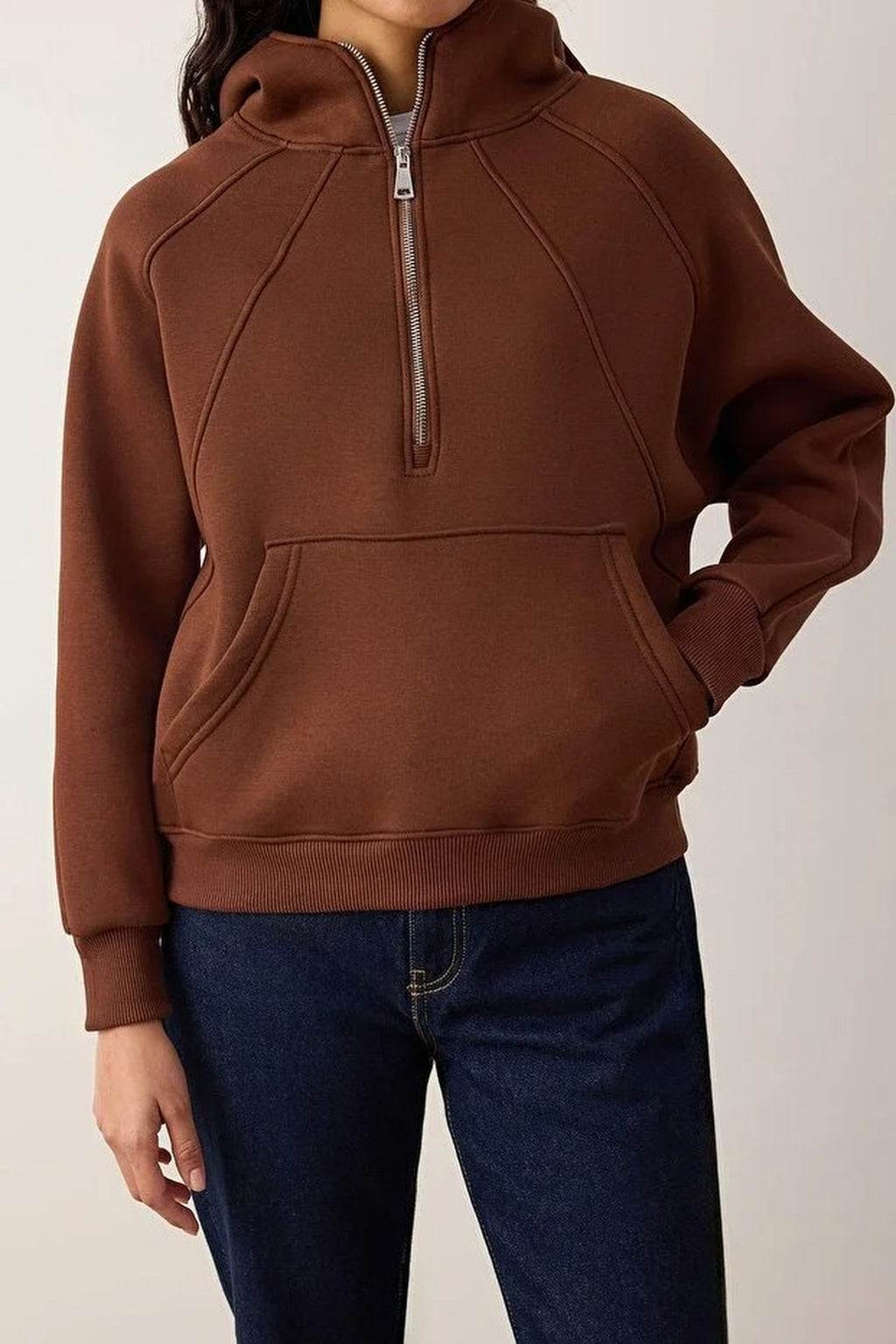 Half Zippered Oversize Knit Sweatshirt with Stitching Details