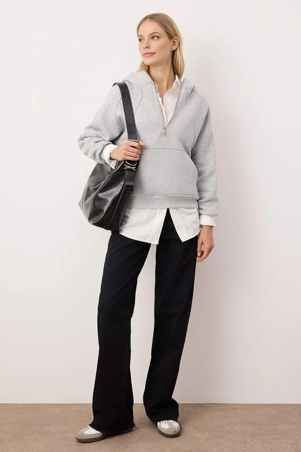 Half Zippered Oversize Knit Sweatshirt with Stitching Details