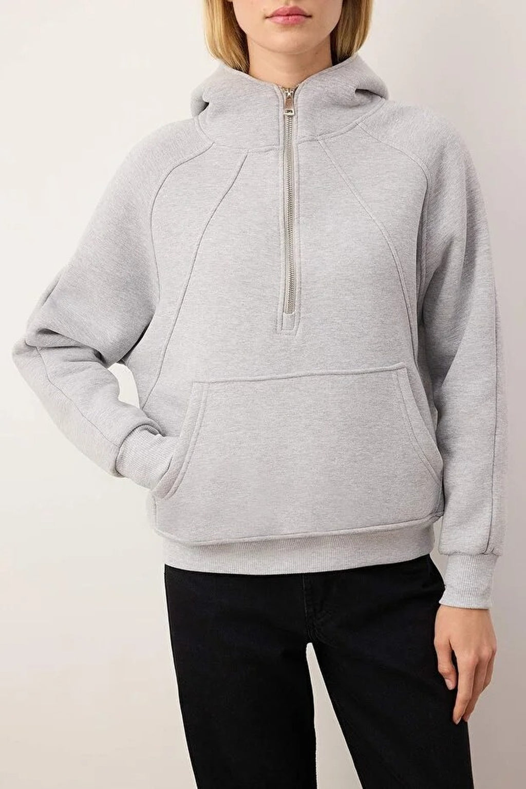 Half Zippered Oversize Knit Sweatshirt with Stitching Details
