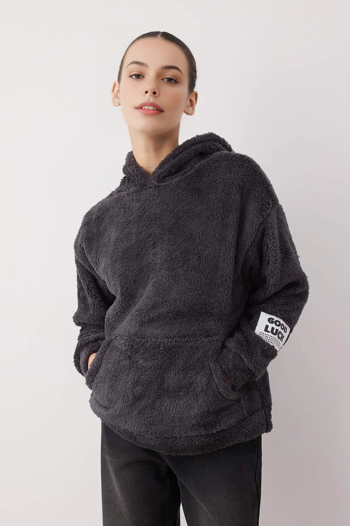 Regular Plush Knit Sweatshirt with Label Detail