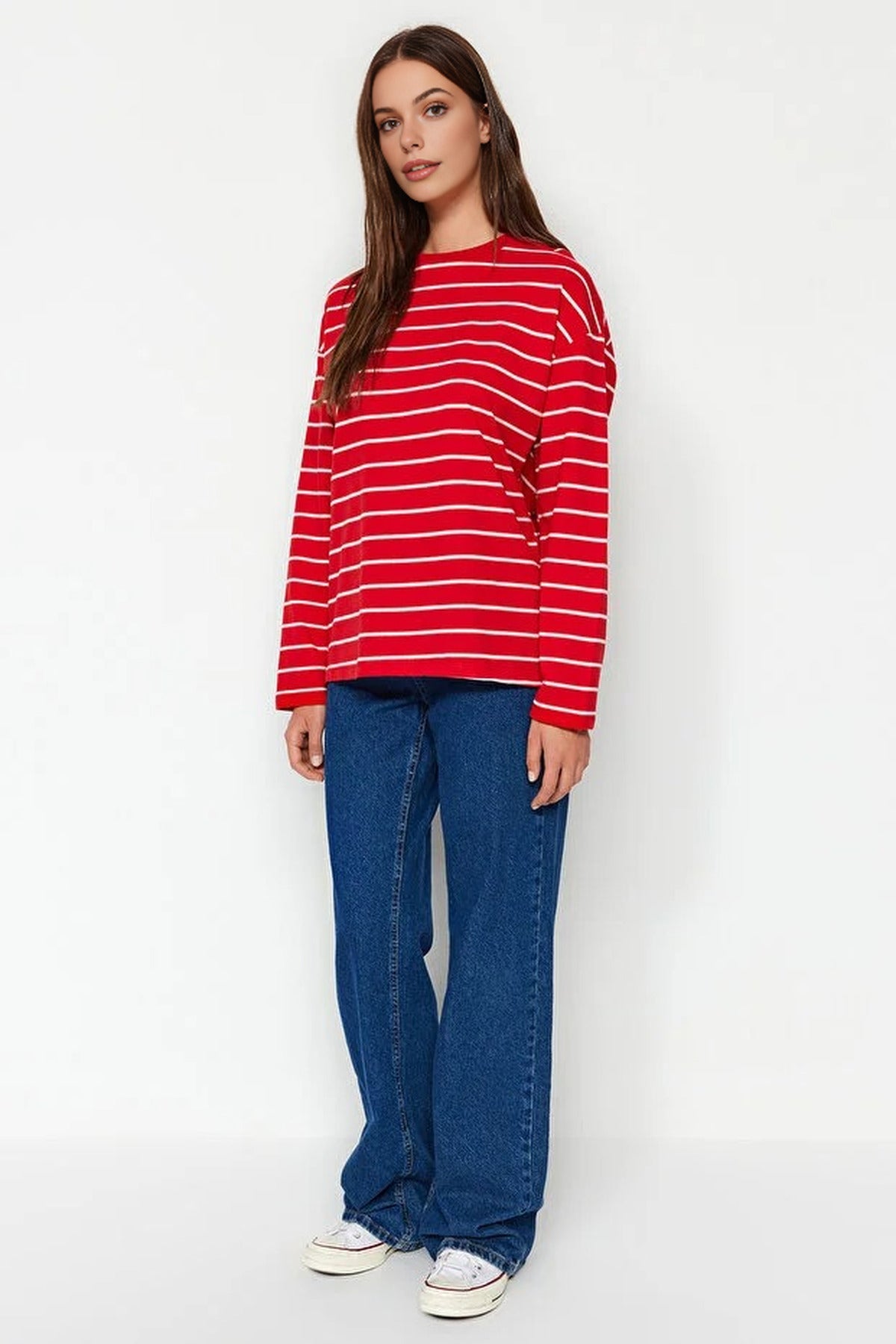 Striped Crew Neck Thin Knit Sweatshirt