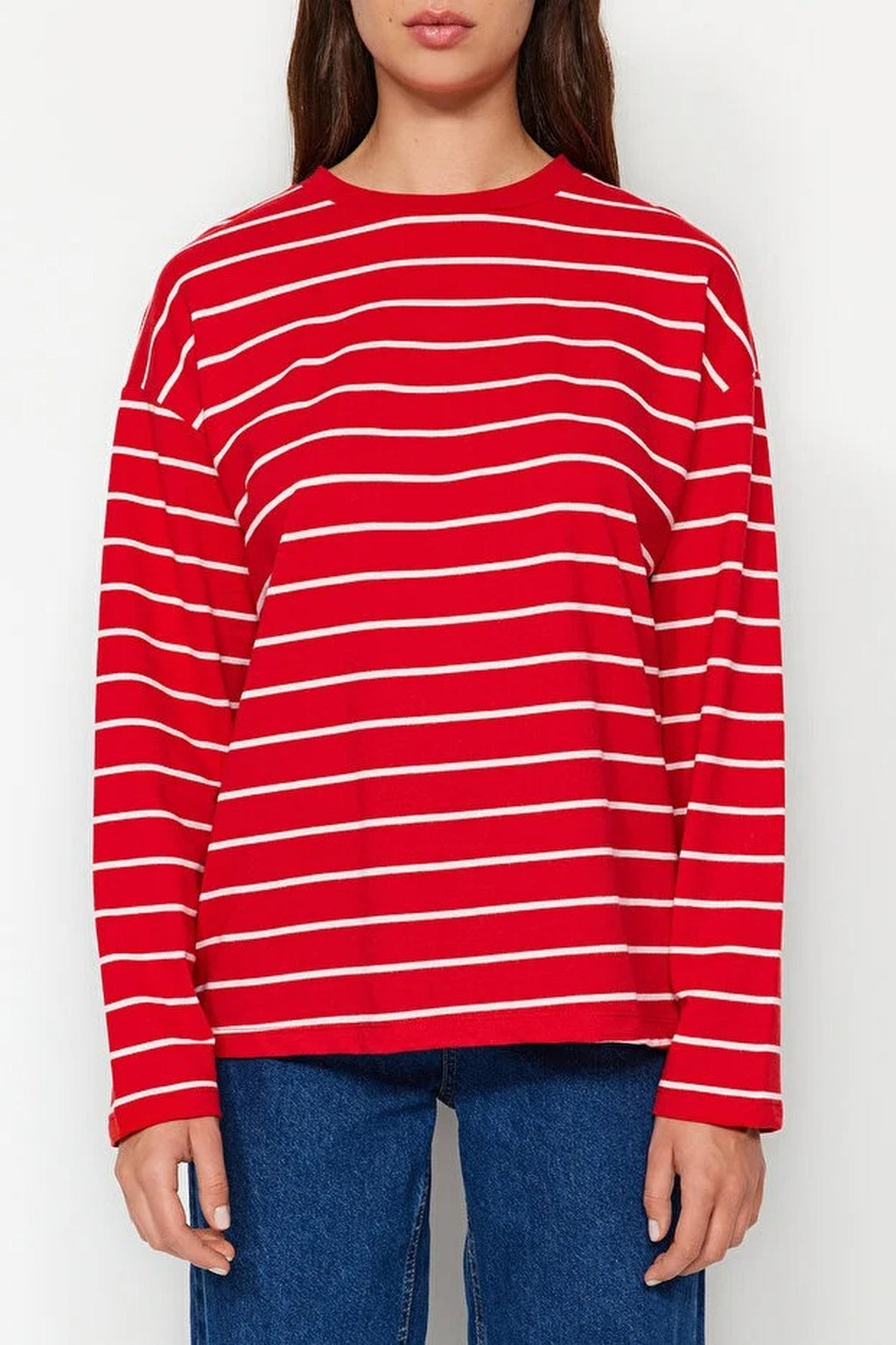 Striped Crew Neck Thin Knit Sweatshirt