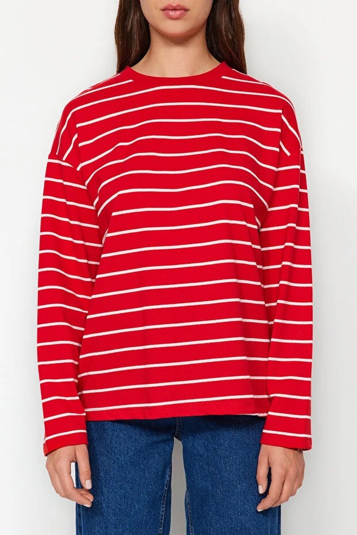 Striped Crew Neck Thin Knit Sweatshirt