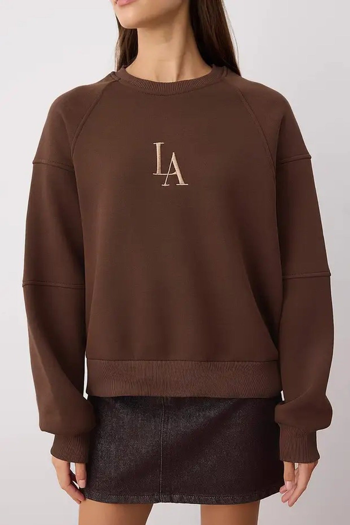 Crew Neck Embroidered Thick Fleece Knit Sweatshirt