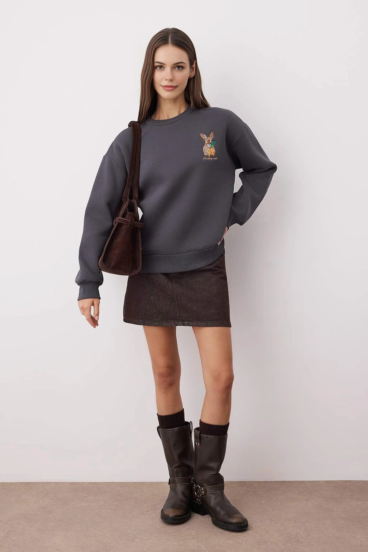 Animal Embroidered Thick Fleece Knit Sweatshirt