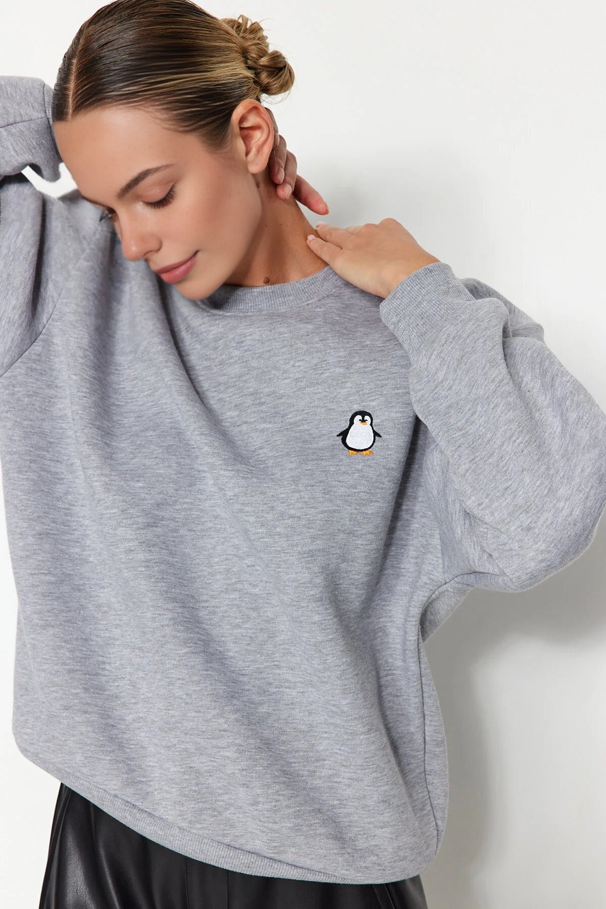 Animal Embroidered Thick Fleece Knit Sweatshirt