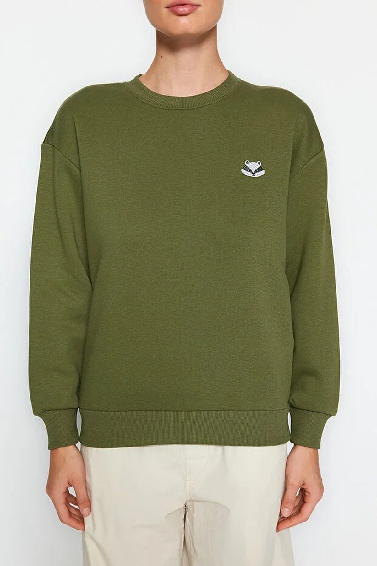 Animal Embroidered Thick Fleece Knit Sweatshirt