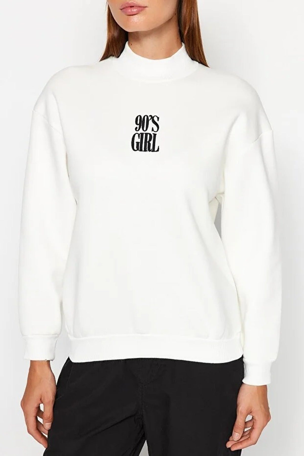 Stand-up Collar Knit Sweatshirt with Fleece Inside and Embroidered Slogan