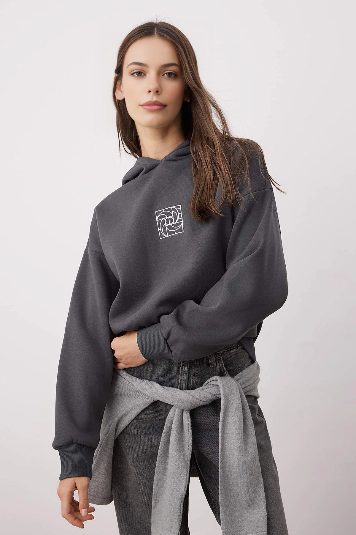 Oversize Embroidered Fleece Knit Sweatshirt