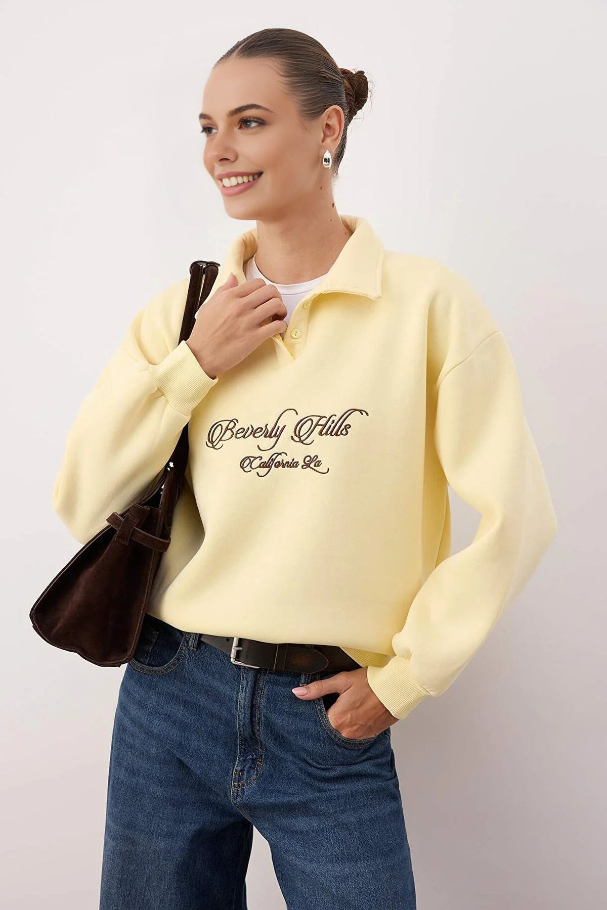 Shirt Collar Slogan Embroidered Polar Fleece Knit Sweatshirt