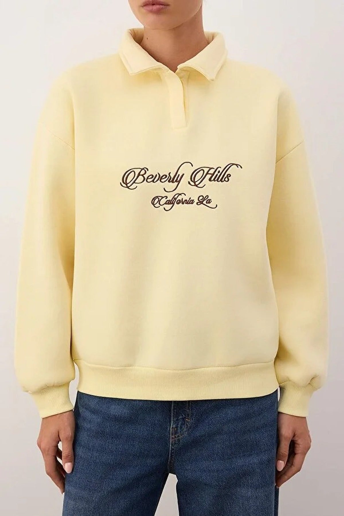 Shirt Collar Slogan Embroidered Polar Fleece Knit Sweatshirt