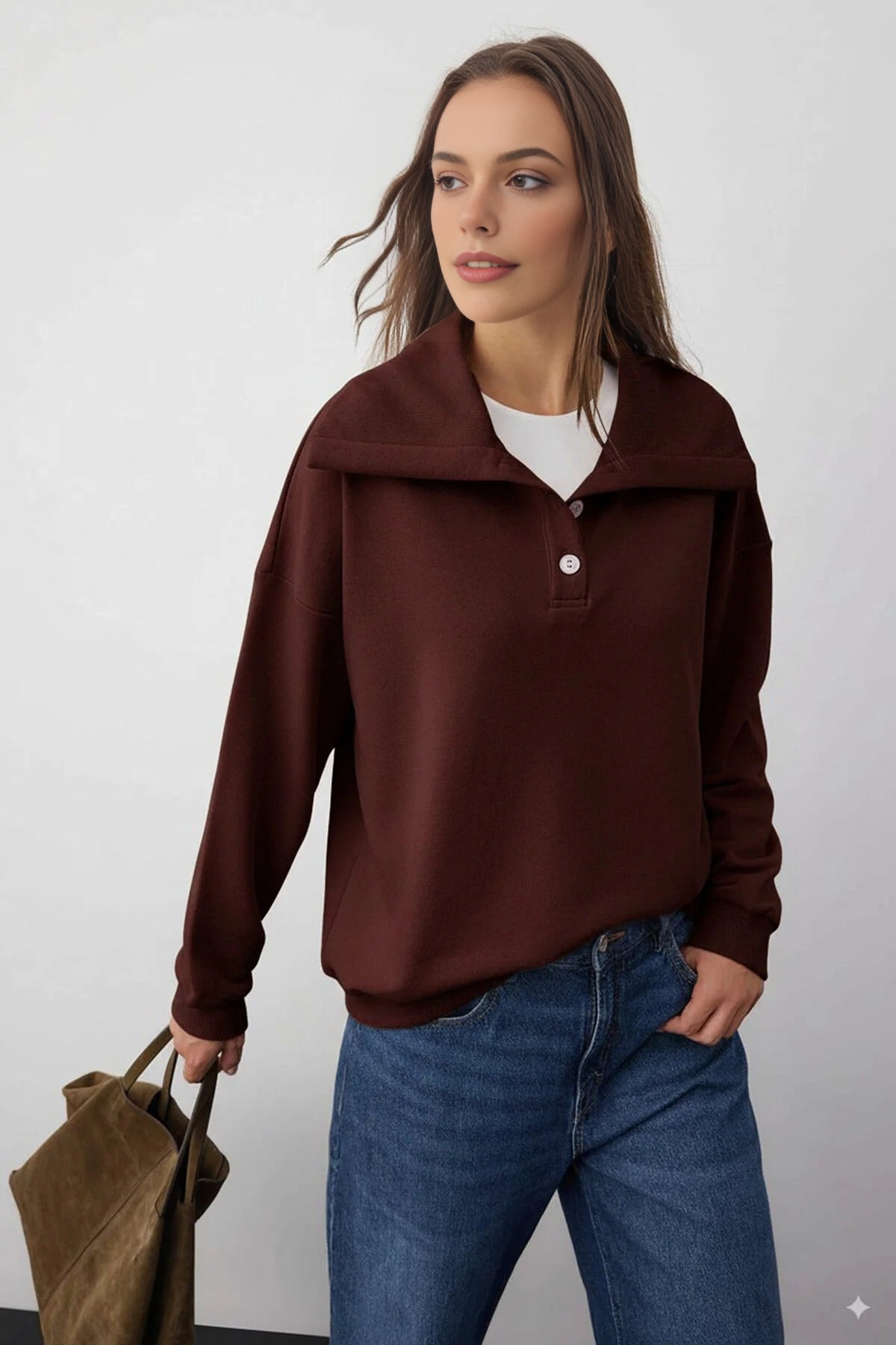 Polo Neck Knit Sweatshirt