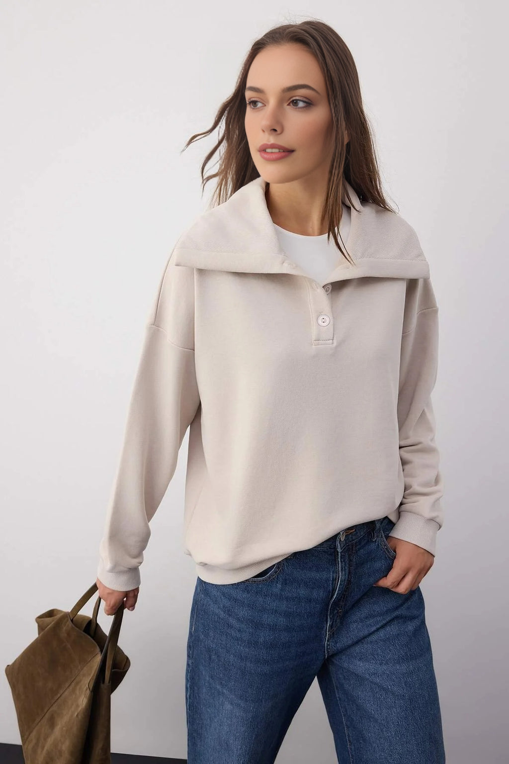 Polo Neck Knit Sweatshirt