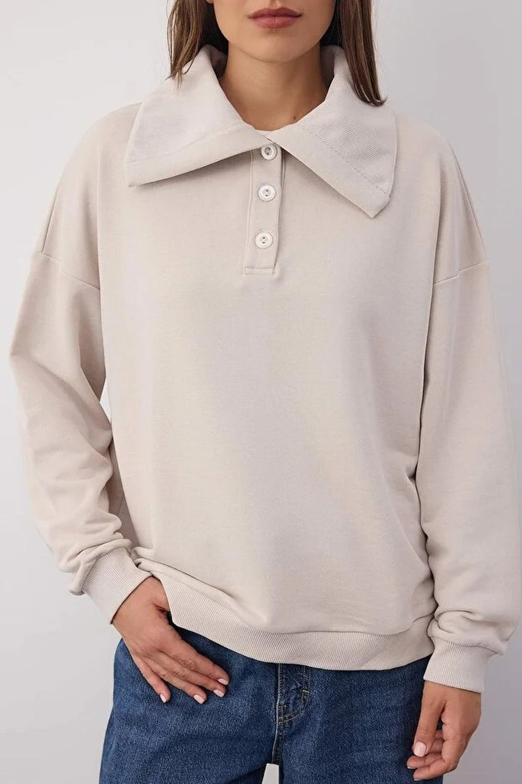Polo Neck Knit Sweatshirt
