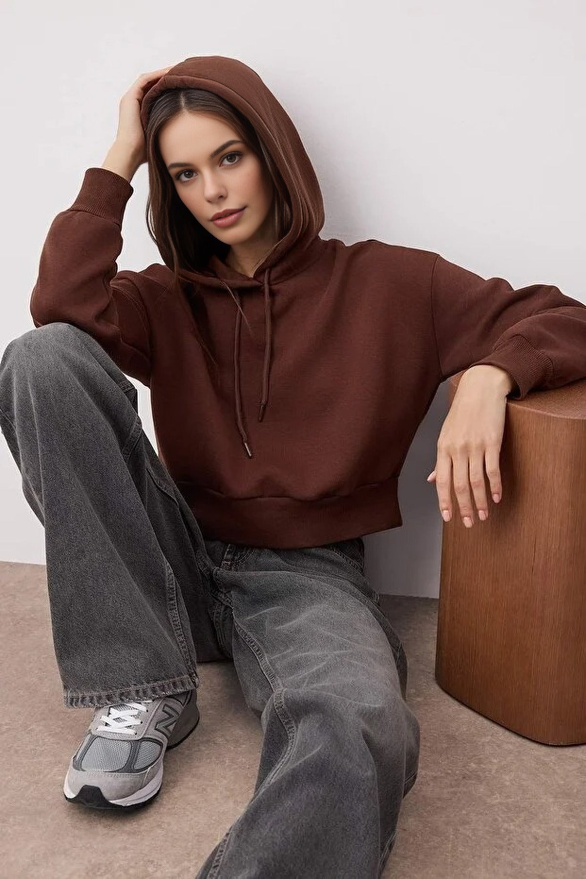 Basic Crop Knit Sweatshirt with Hood