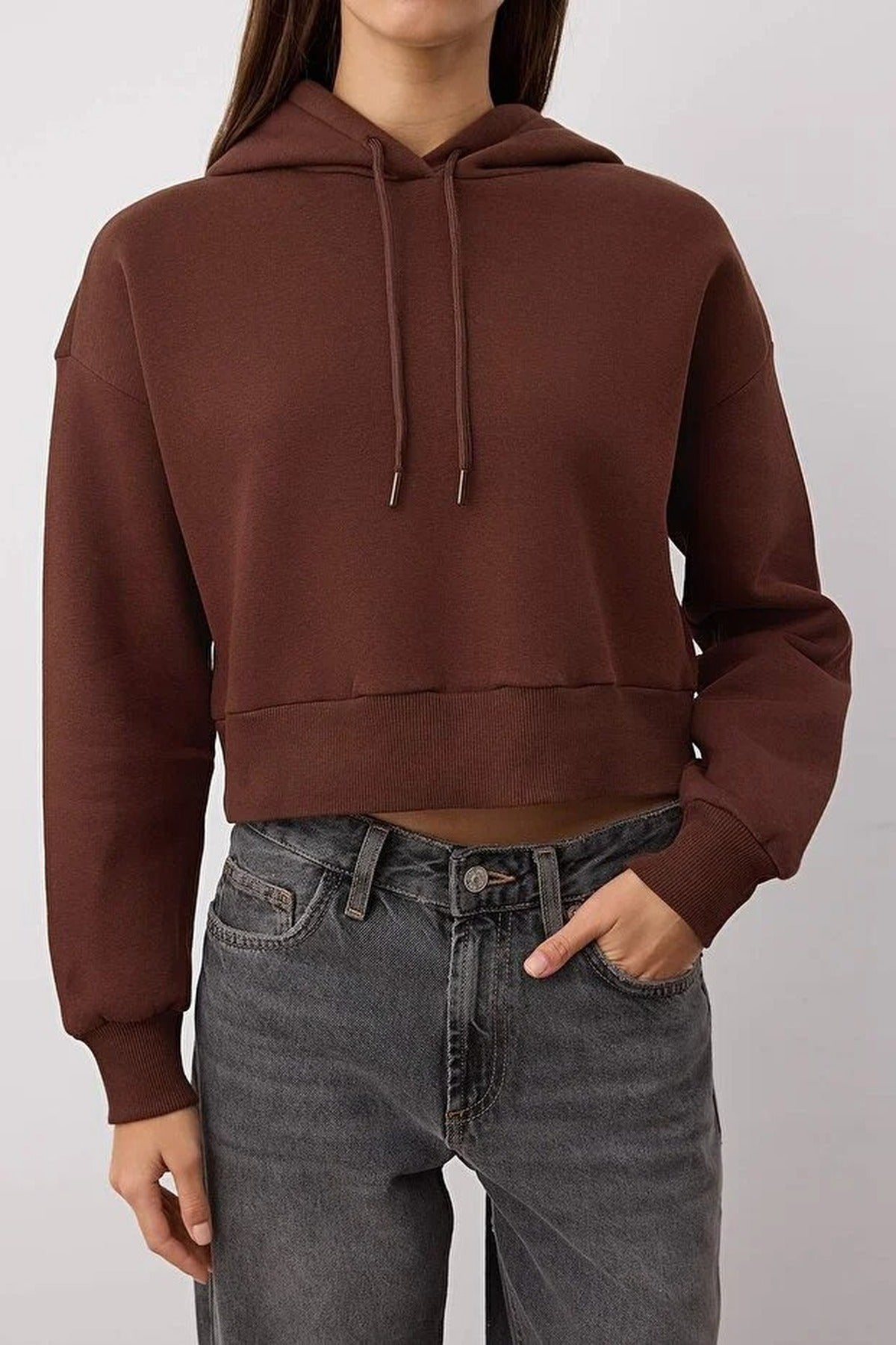 Basic Crop Knit Sweatshirt with Hood