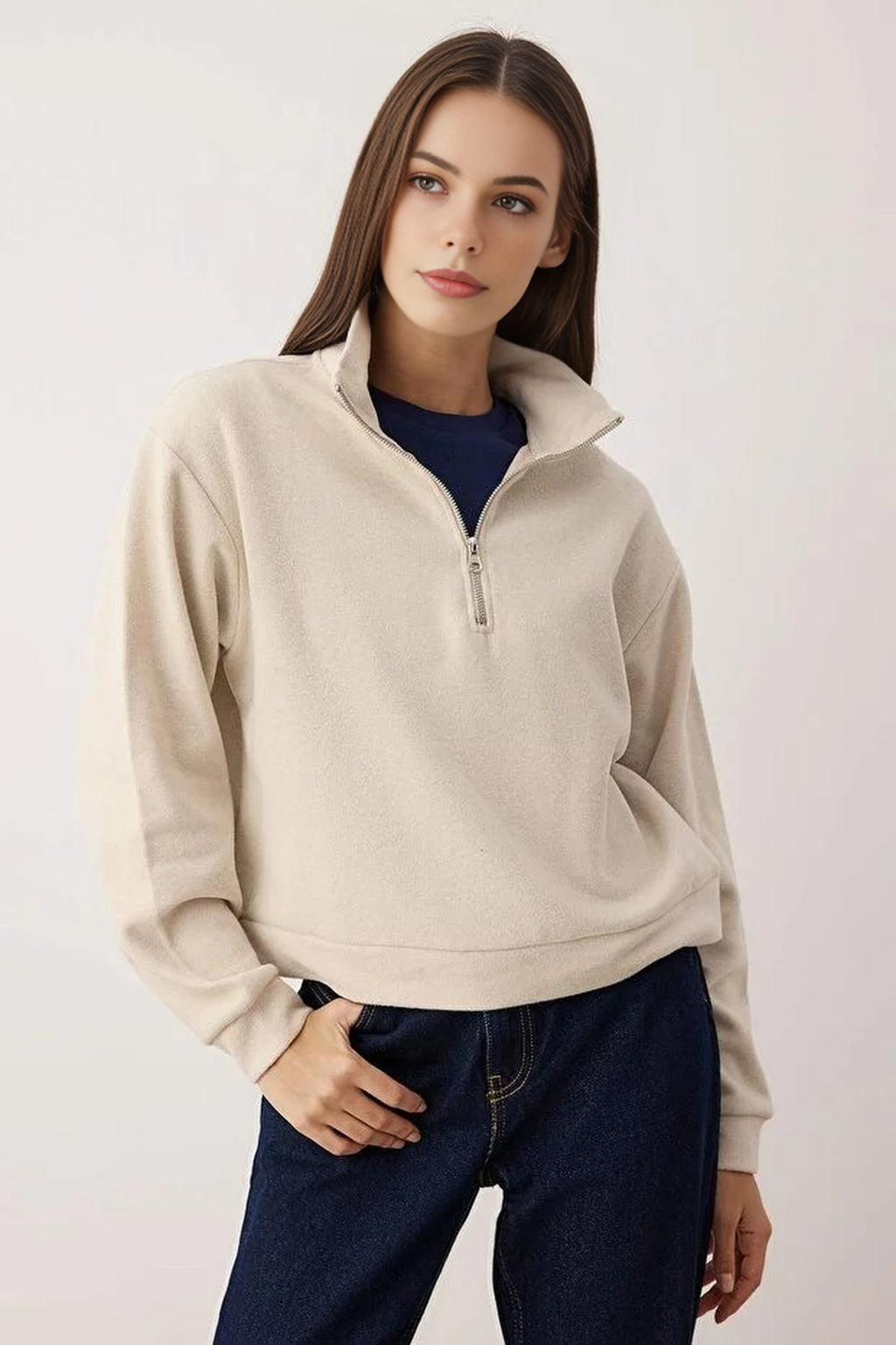 Thick Knit Sweatshirt with Zipper Detail