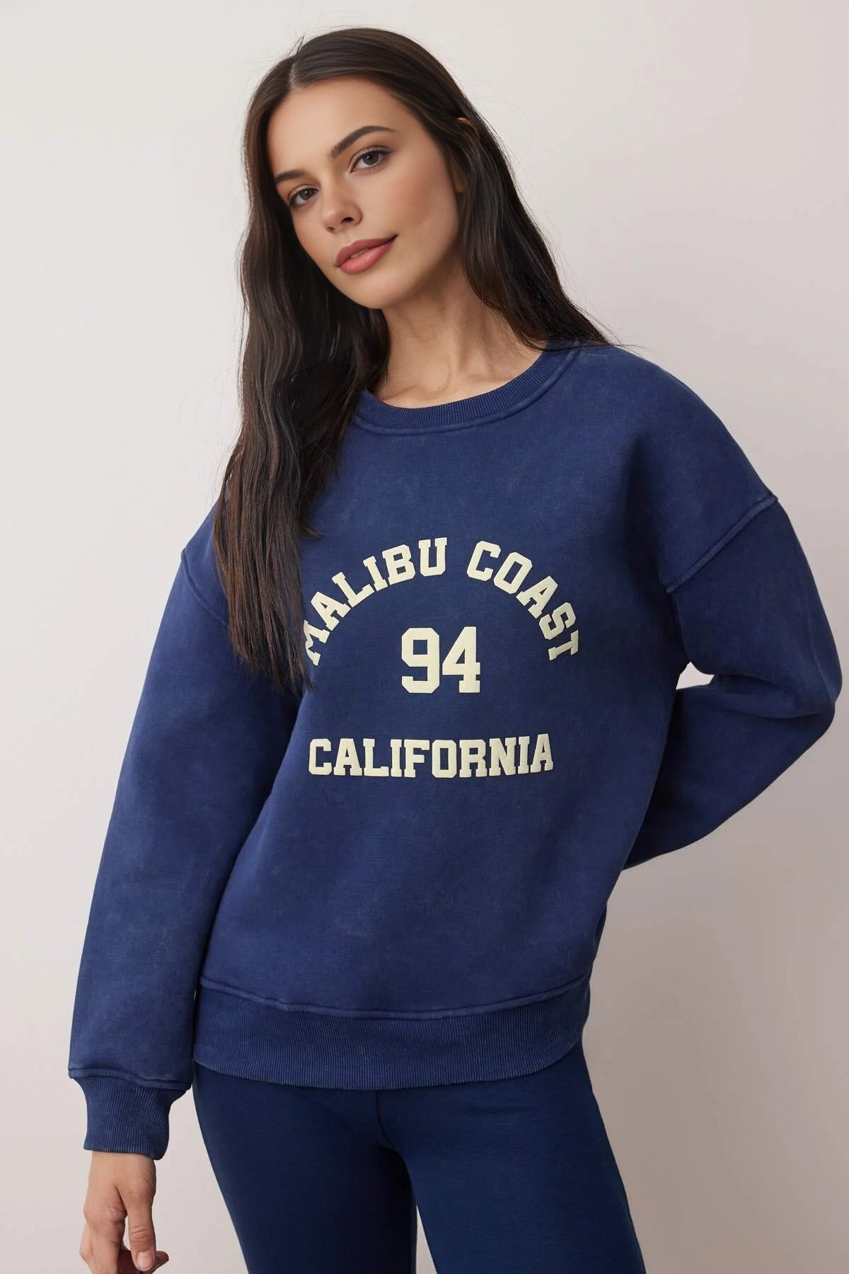 Oversize Printed Washed Thick Fleece-Lined Knit Sweatshirt