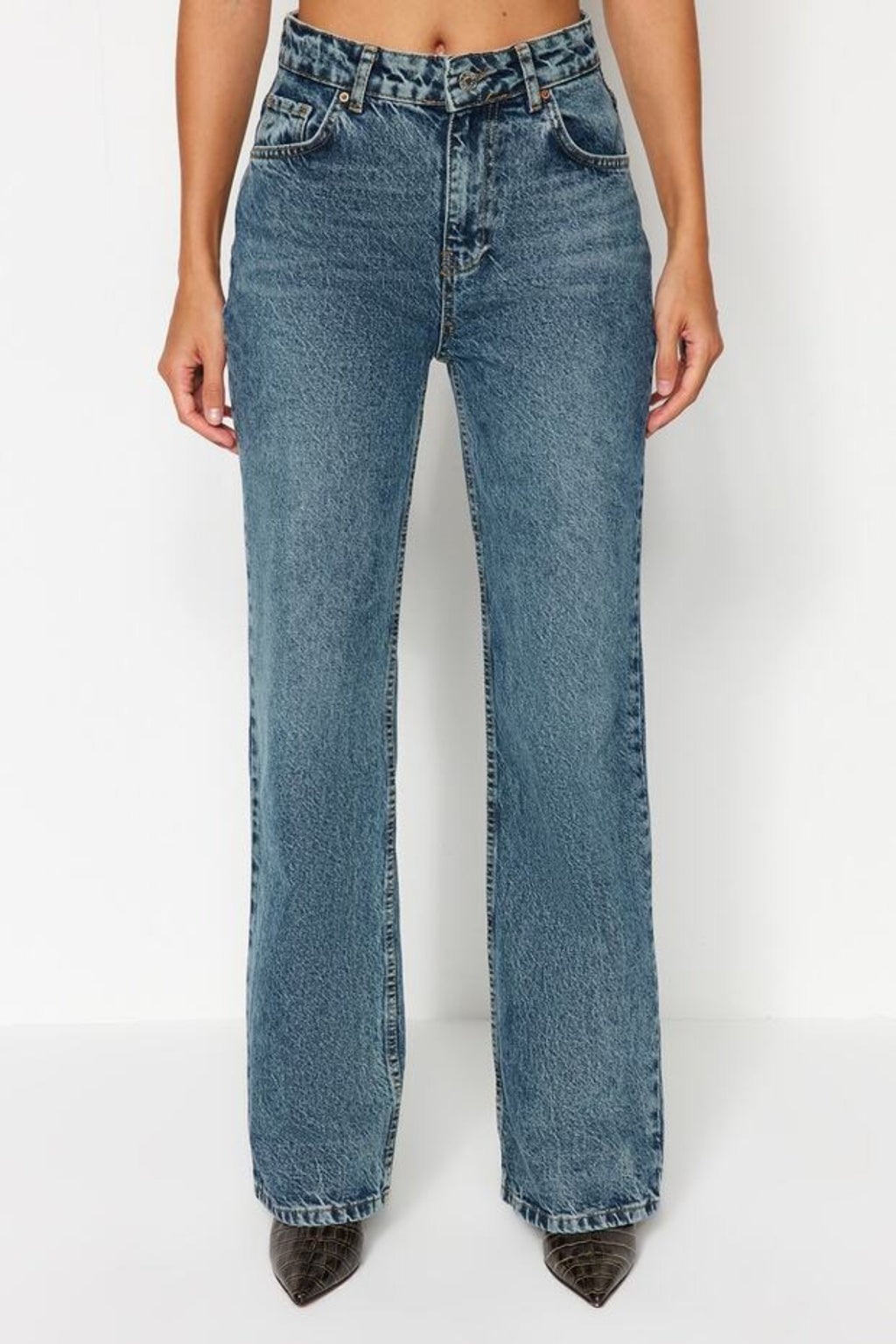 Faded Effect Vintage High-Waisted Wide Leg Jeans