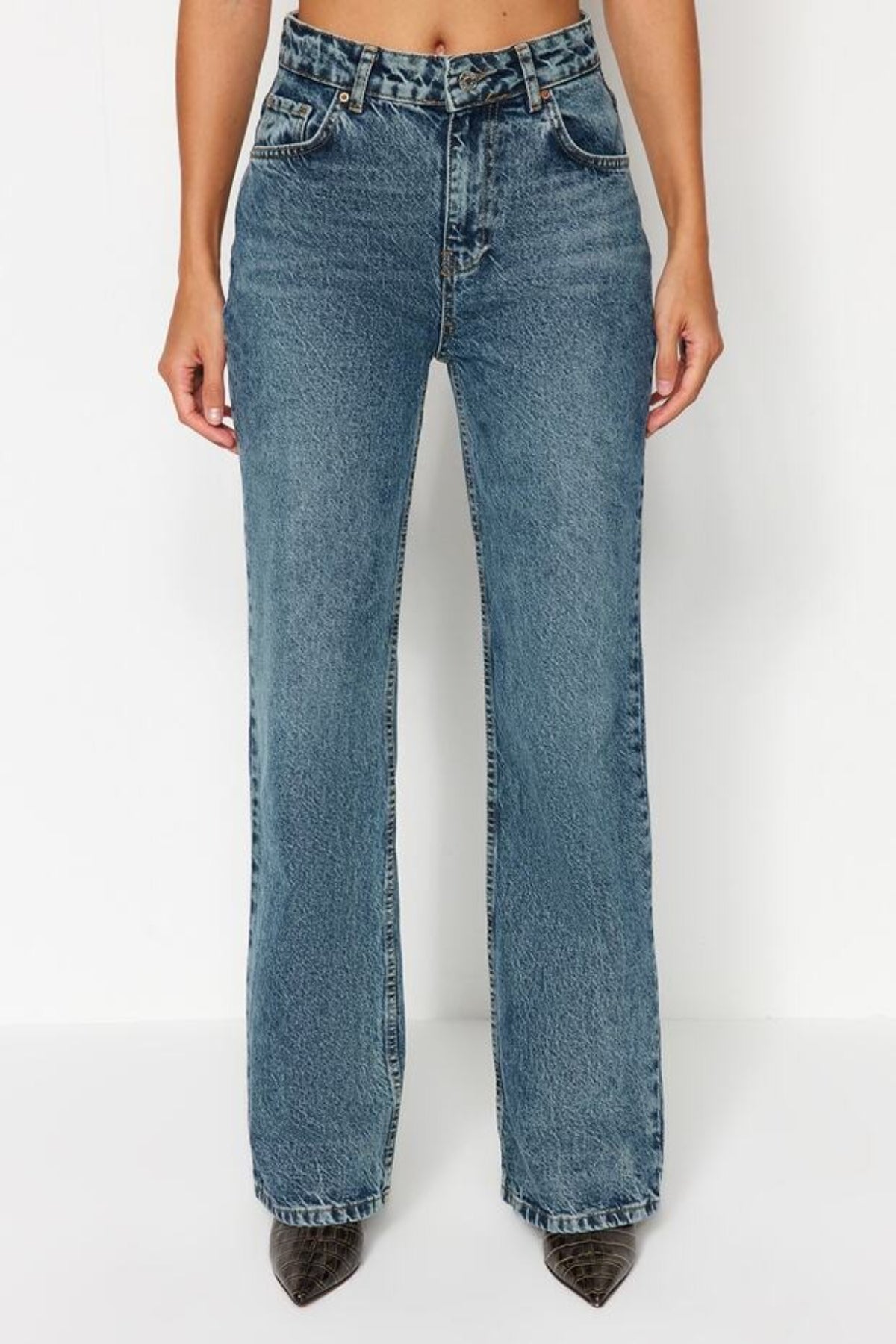Faded Effect Vintage High-Waisted Wide Leg Jeans