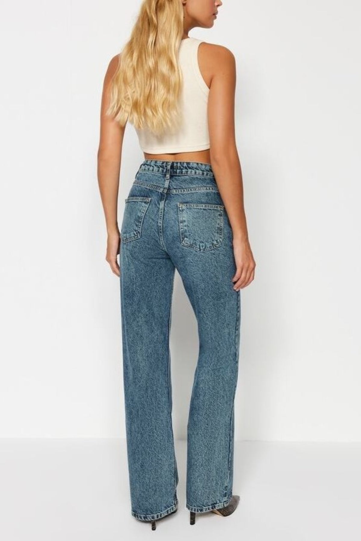 Faded Effect Vintage High-Waisted Wide Leg Jeans