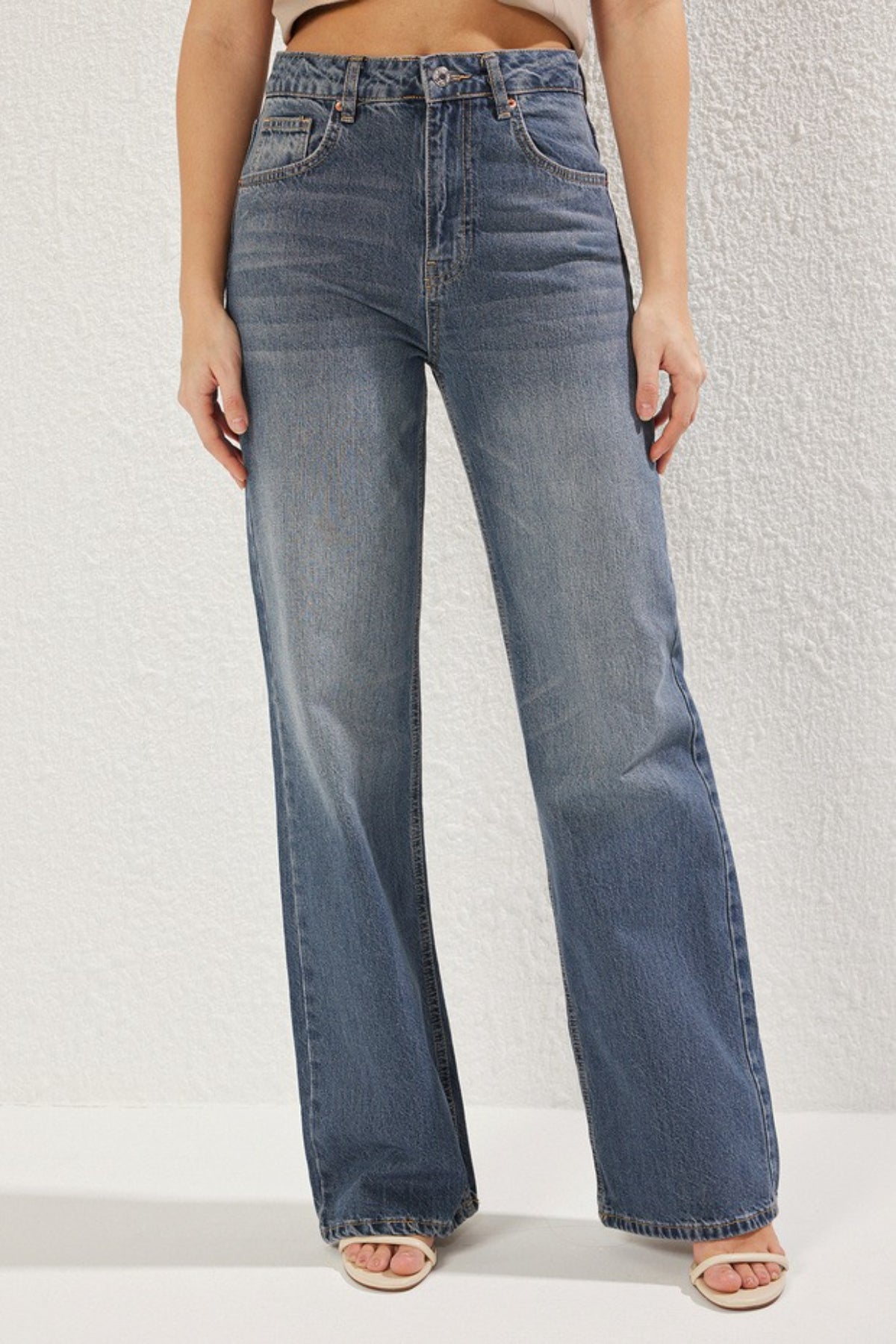 Faded Effect Vintage High-Waisted Wide Leg Jeans