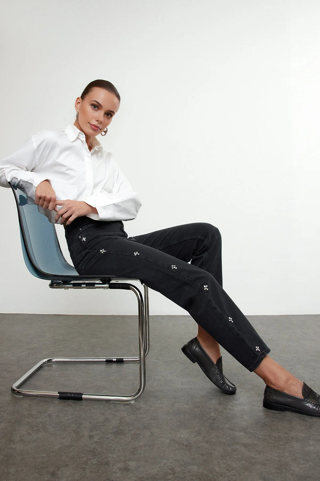 High Waist Mom Jean with Stone Details