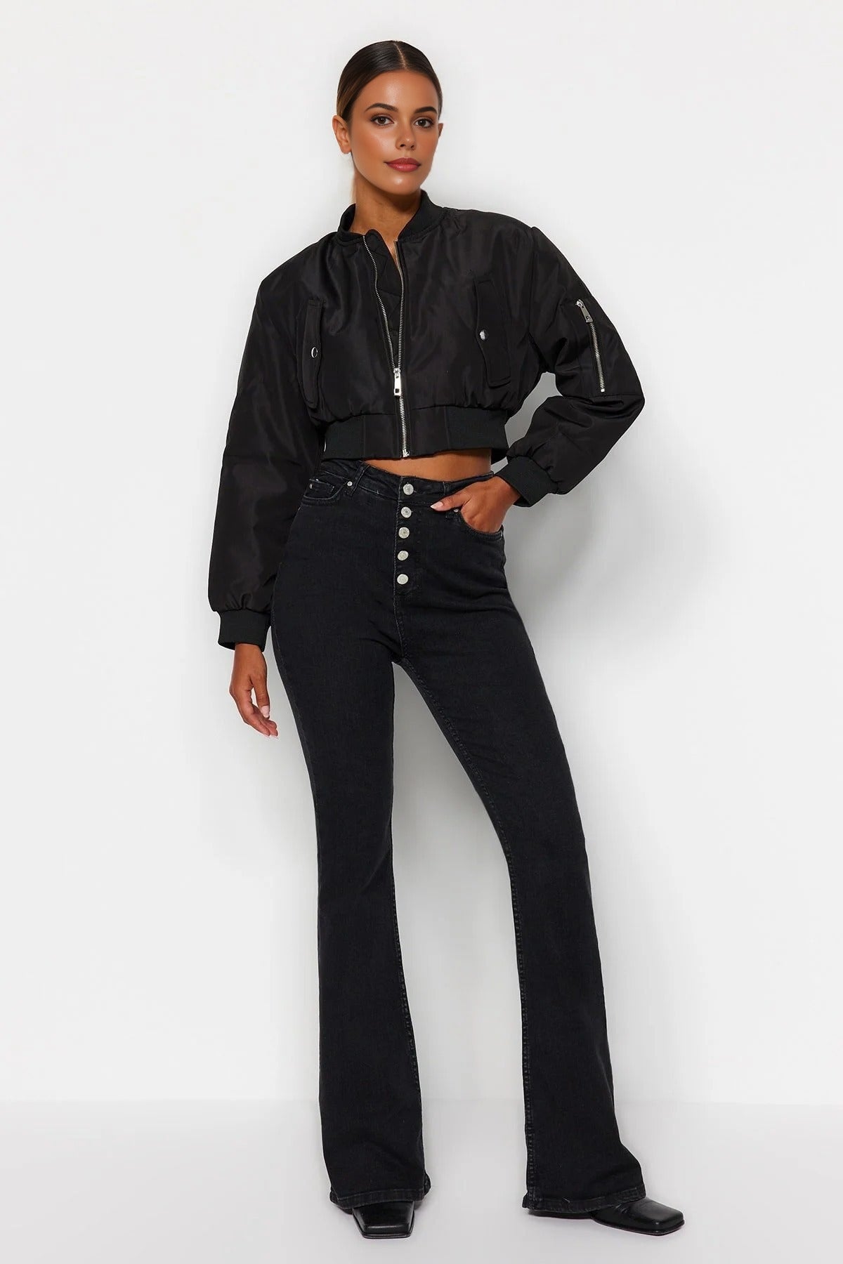 High Waist Flare Jeans with Button Front