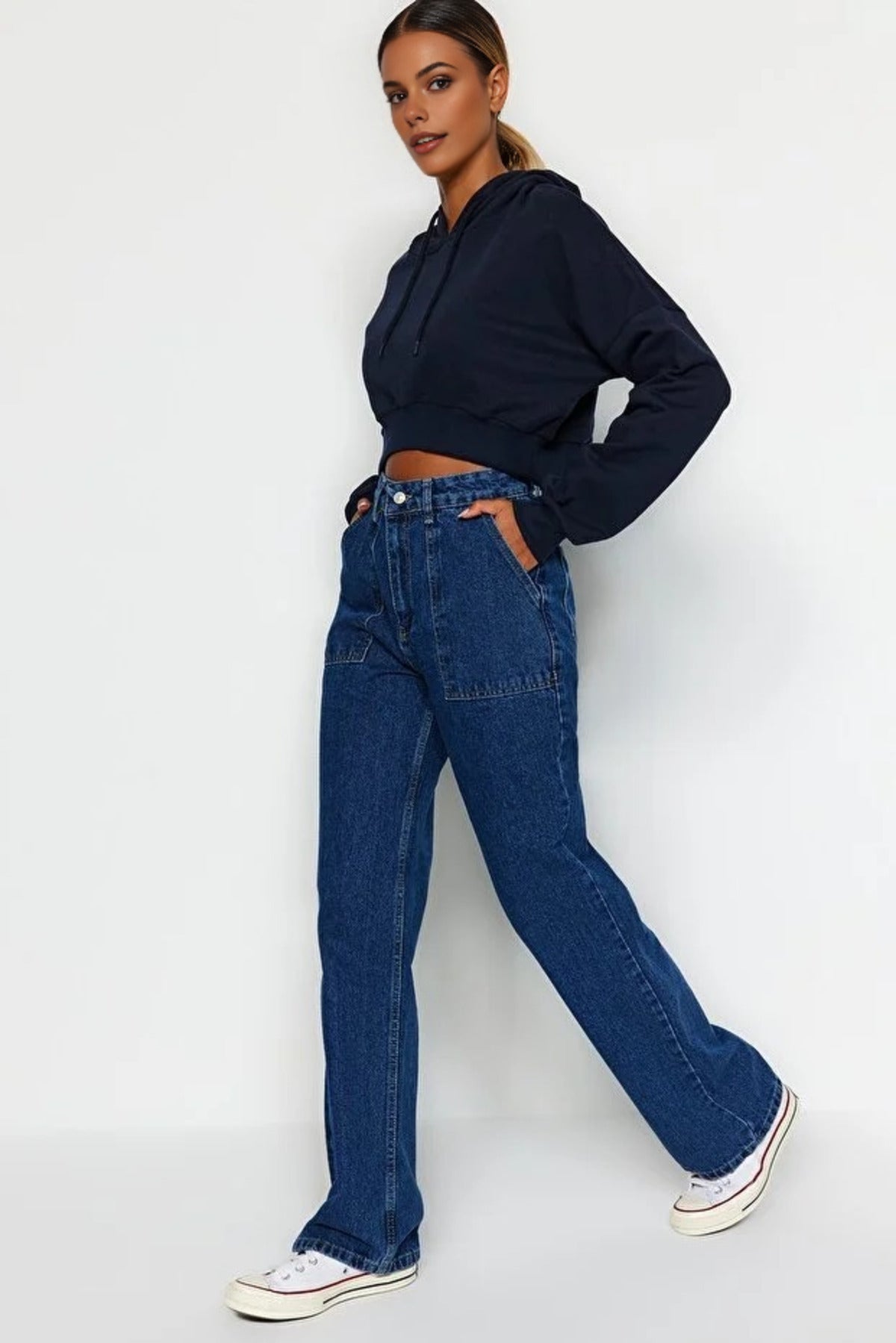 High Waist Wide Leg Jeans with Pocket Details
