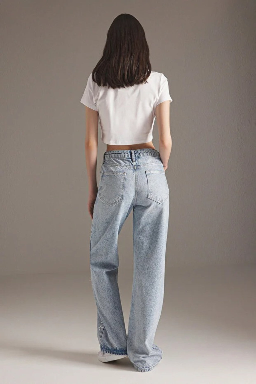 Ribbon/Bow Detailed Stoned Regular Waist Wide Leg Jeans