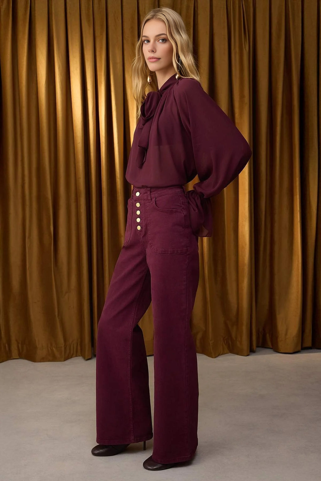 Button Detailed High Waist Wide Leg Comfort Jeans