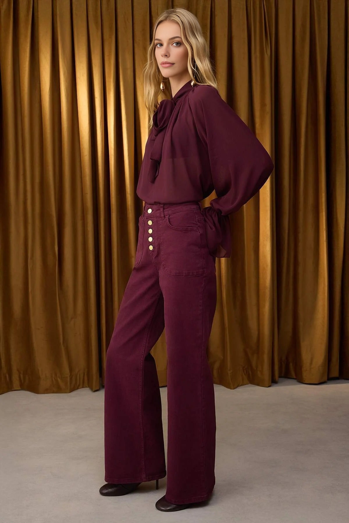 Button Detailed High Waist Wide Leg Comfort Jeans