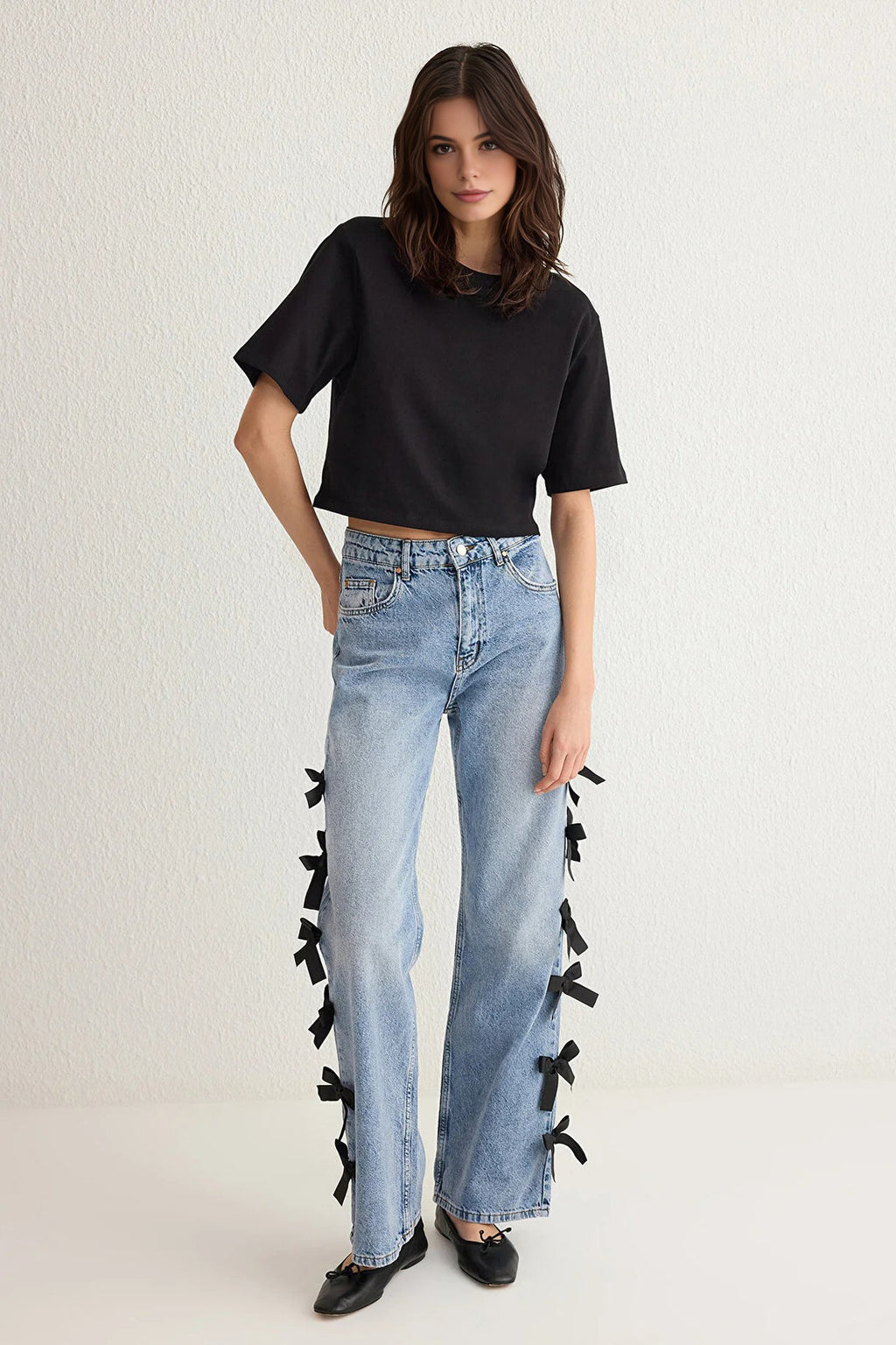 Ribbon/Bow Detailed Normal Waist Wide Leg Jeans