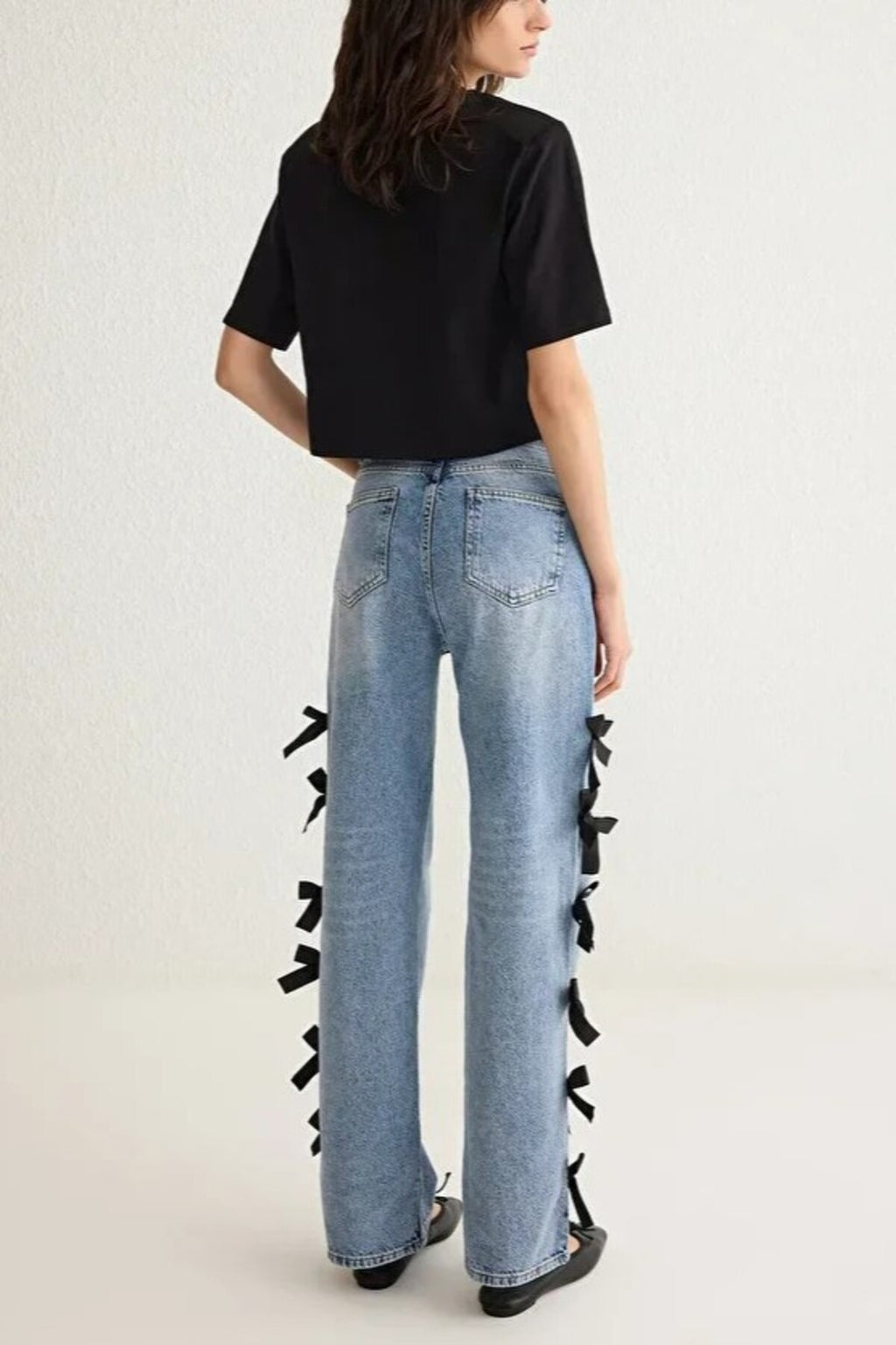 Ribbon/Bow Detailed Normal Waist Wide Leg Jeans