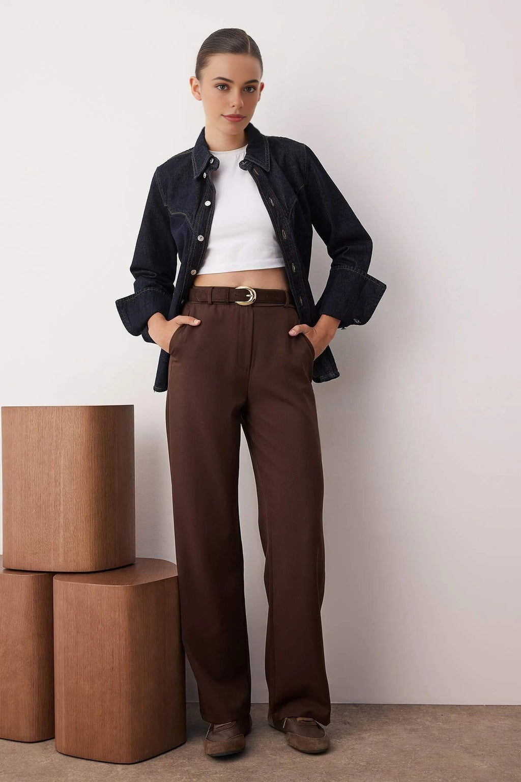 Wide Leg Bootcut Woven Trousers