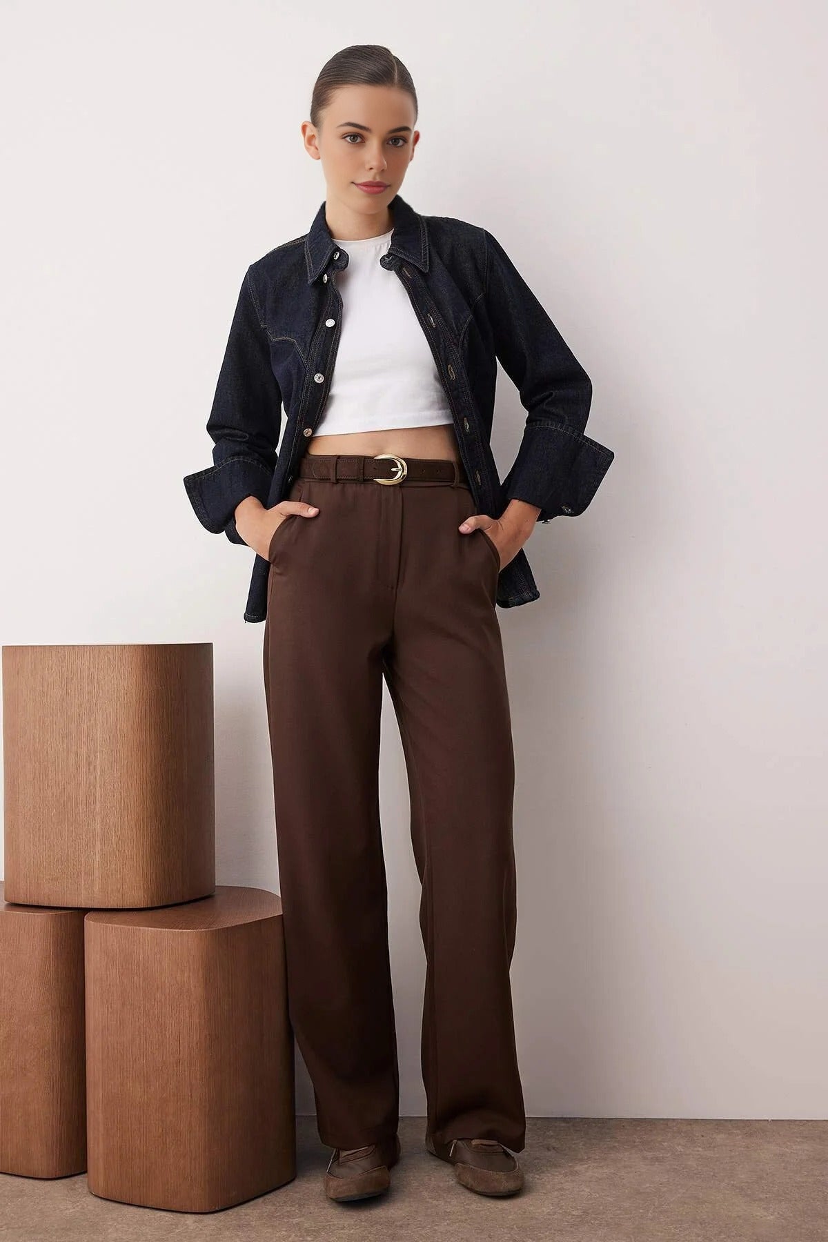Wide Leg Bootcut Woven Trousers