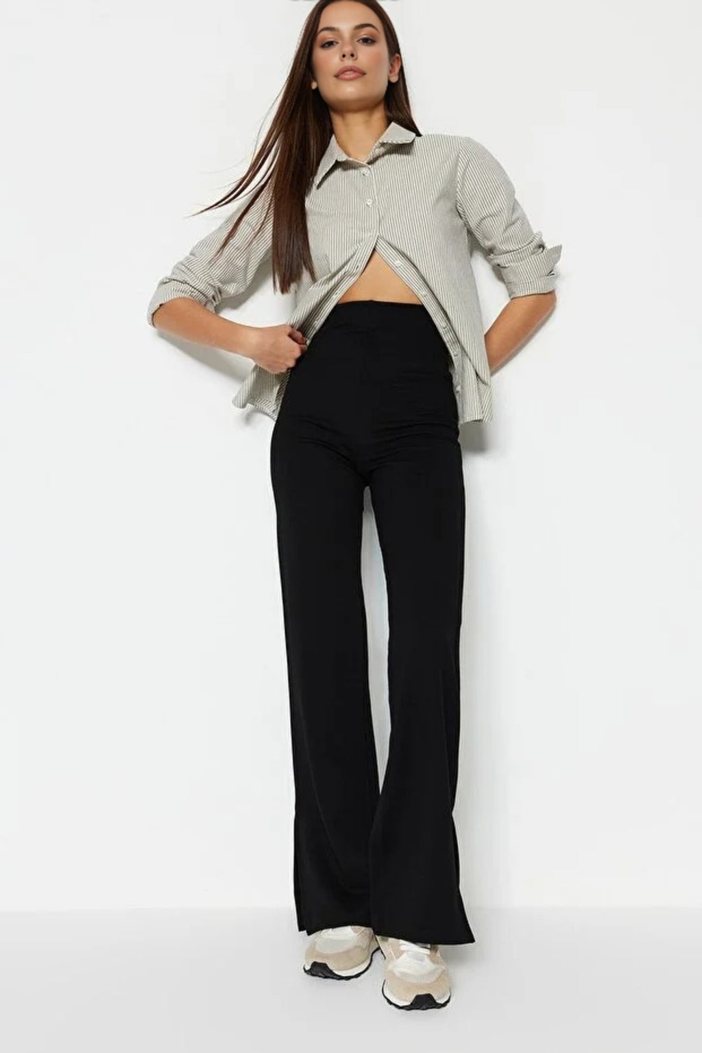 High Waist Flare Knit Trousers with Side Slits