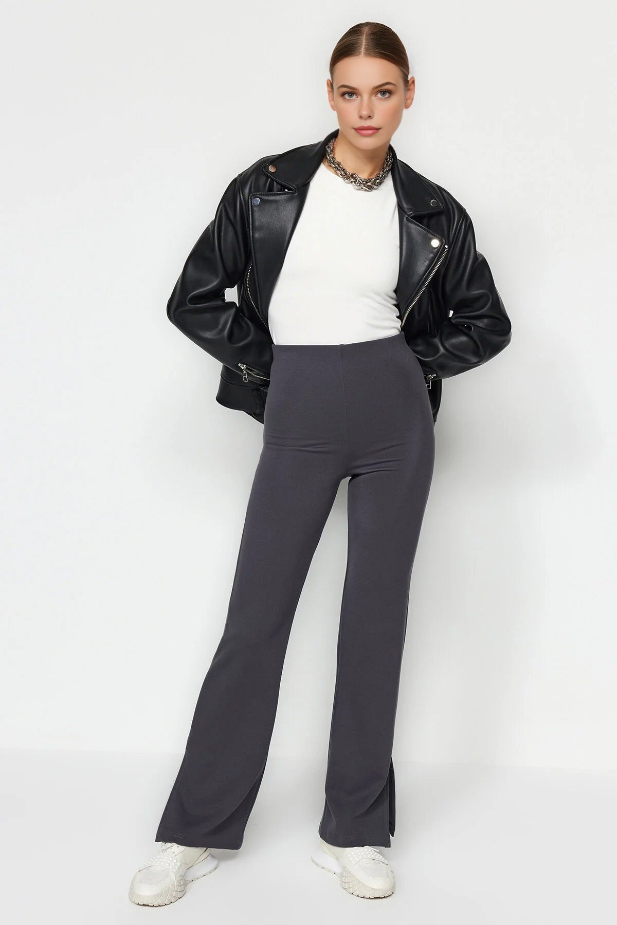 High Waist Flare Knit Trousers with Side Slits