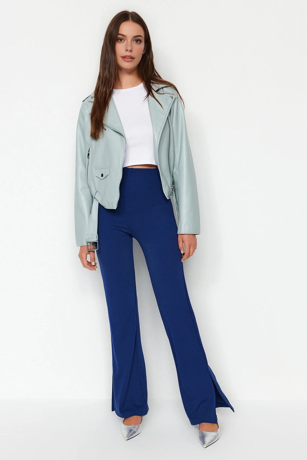 High Waist Flare Knit Trousers with Side Slits