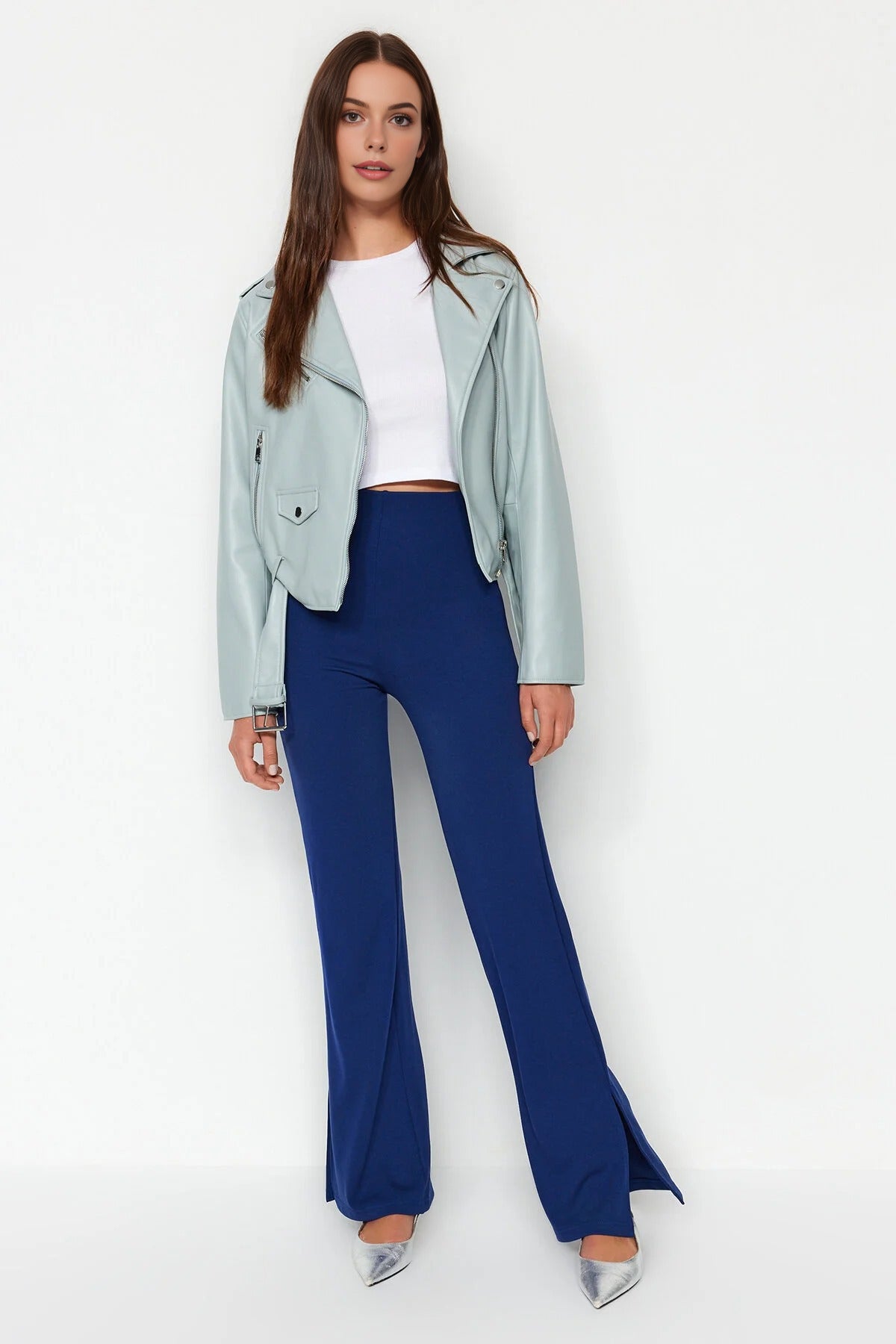 High Waist Flare Knit Trousers with Side Slits
