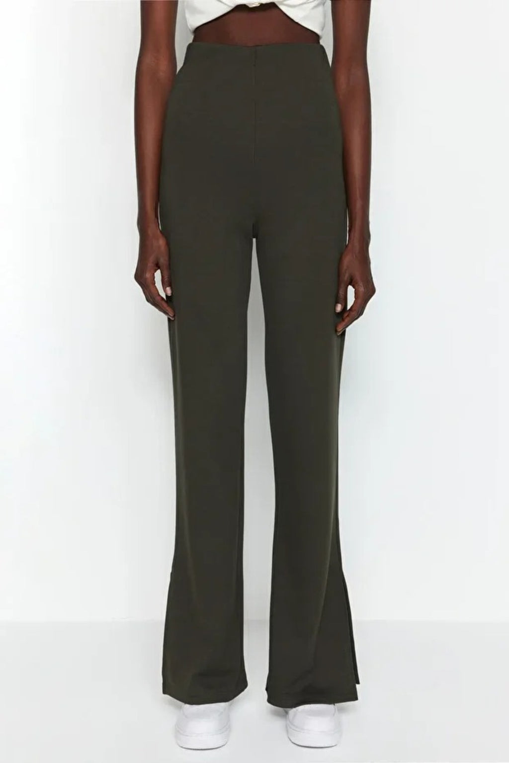 High Waist Flare Knit Trousers with Side Slits