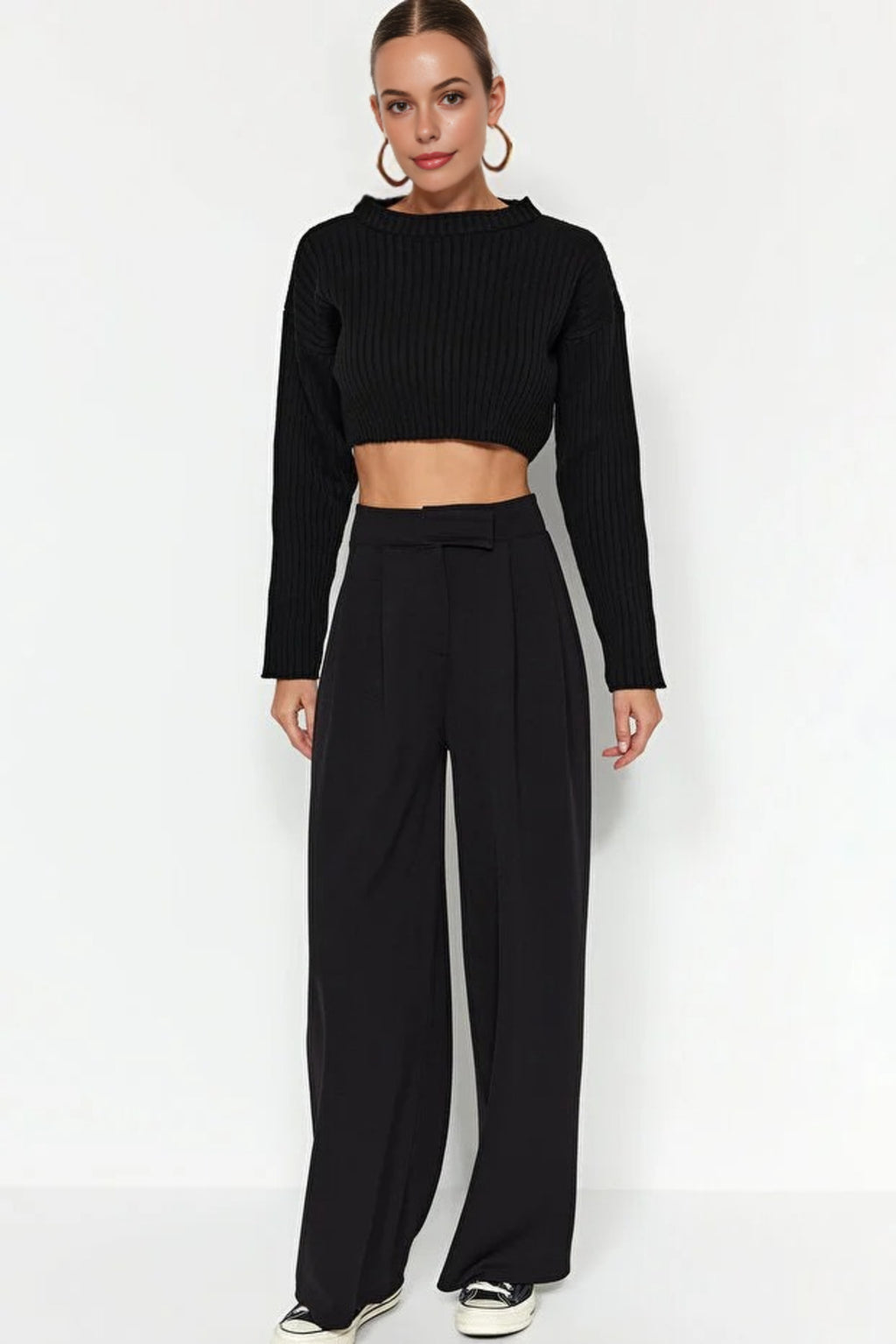 High Waist Pleated Wide Leg Trousers with Velcro Closure