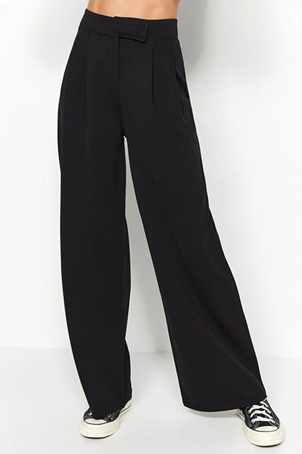 High Waist Pleated Wide Leg Trousers with Velcro Closure