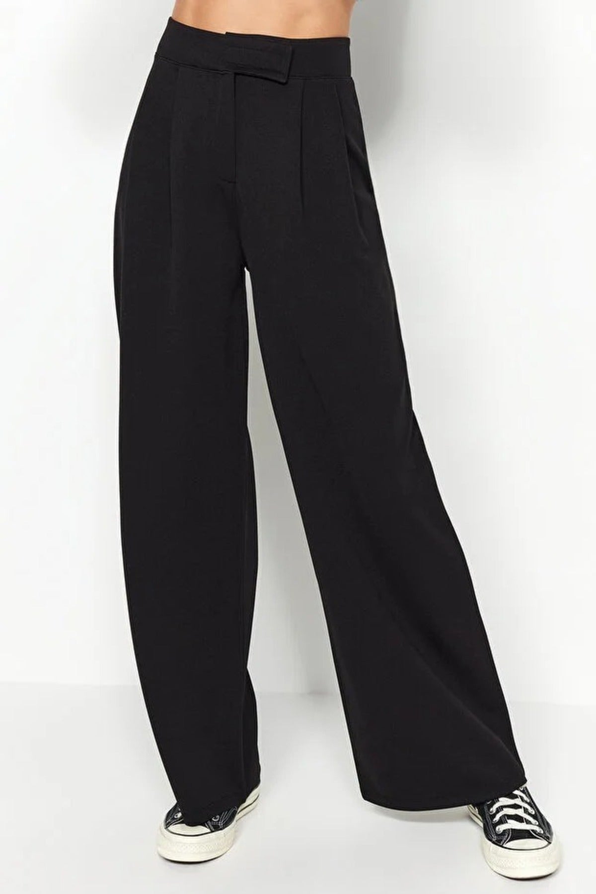 High Waist Pleated Wide Leg Trousers with Velcro Closure