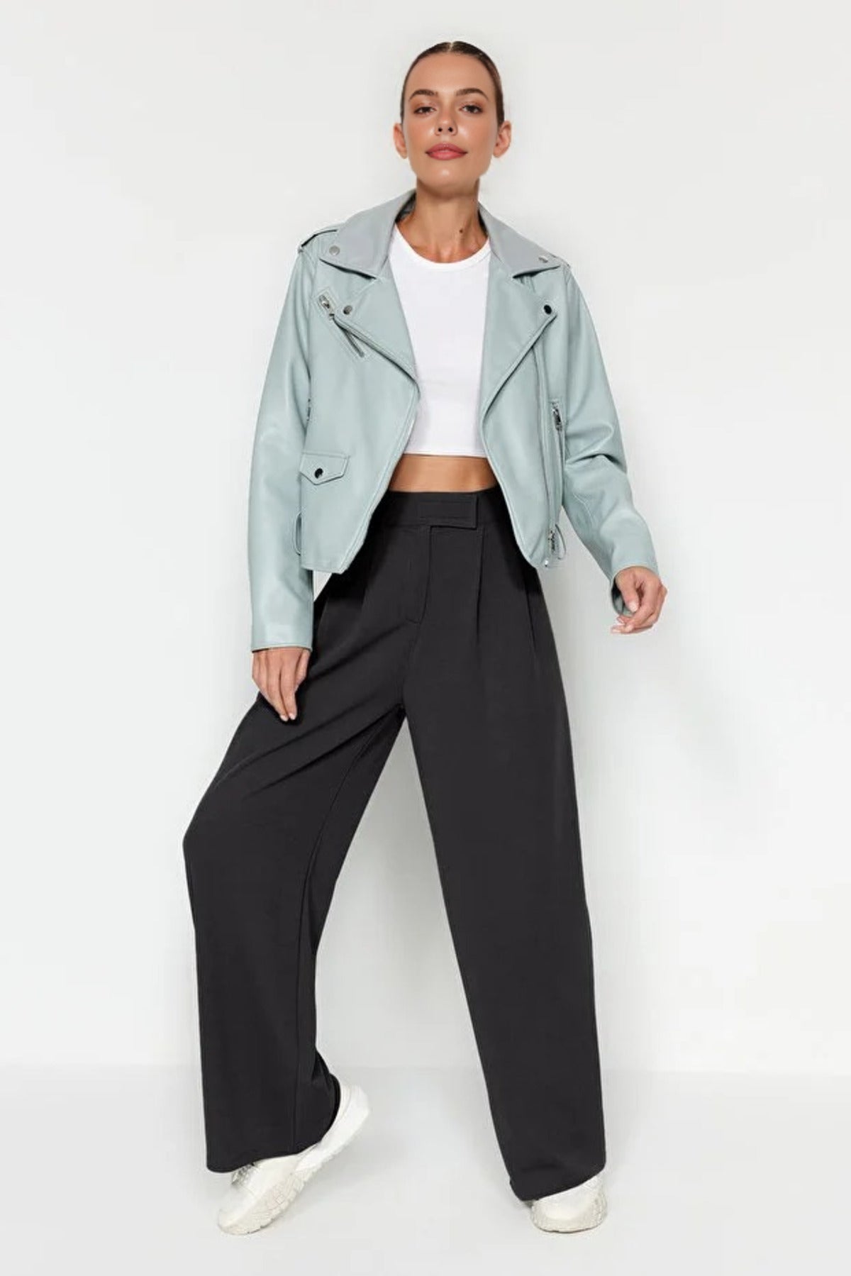 High Waist Pleated Wide Leg Trousers with Velcro Closure