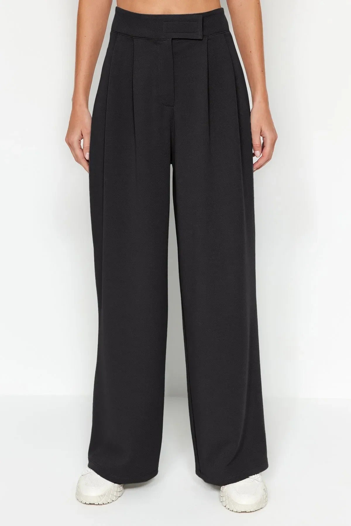 High Waist Pleated Wide Leg Trousers with Velcro Closure