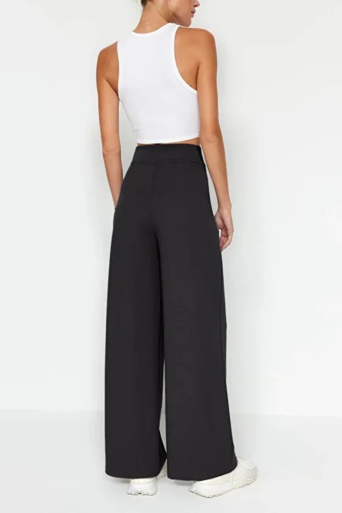 High Waist Pleated Wide Leg Trousers with Velcro Closure